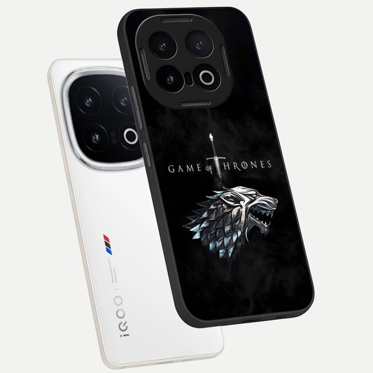 Throne Wolf Legacy phone case for iQOO 13 showing premium glass back cover with detailed artwork