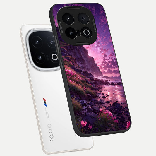 Twilight Blossom Coast phone case for iQOO 13 showing premium glass back cover with detailed artwork