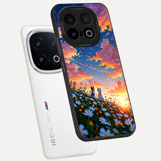 Two Cats Friends phone case for iQOO 13 showing premium glass back cover with detailed artwork