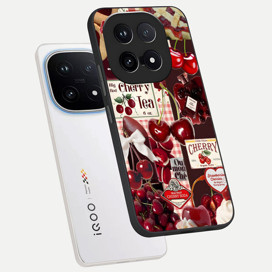 Aesthetic Cherry Tea phone case for iQOO 15 showing premium glass back cover with detailed artwork