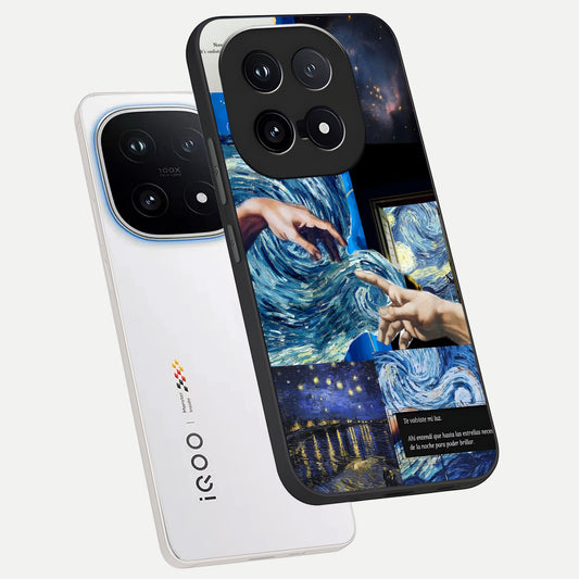 Aesthetic Vando Hands phone case for iQOO 15 showing premium glass back cover with detailed artwork