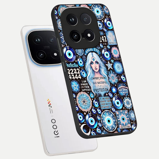 Angel Aura Shield phone case for iQOO 15 showing premium glass back cover with detailed artwork