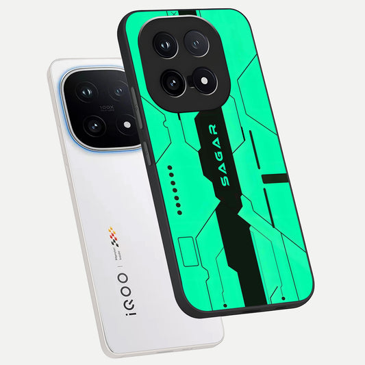 Aqua Tech CYBERPUNK Custom Name phone case for iQOO 15 showing premium glass back cover with detailed artwork