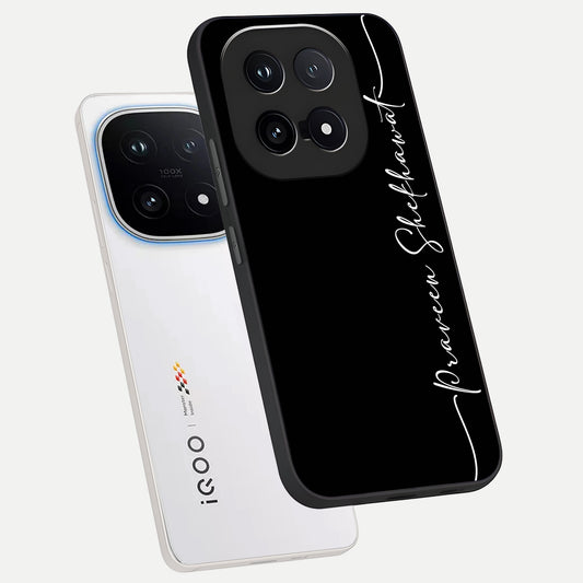Black Tune Custom Name phone case for iQOO 15 showing premium glass back cover with detailed artwork