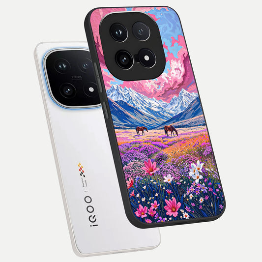 Blossom Valley Dream phone case for iQOO 15 showing premium glass back cover with detailed artwork