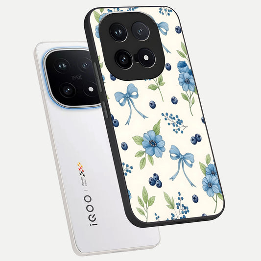 Blue Flower And Bow phone case for iQOO 15 showing premium glass back cover with detailed artwork