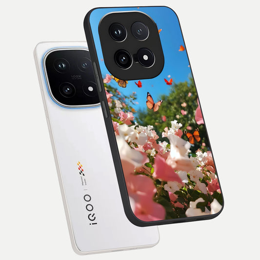 Butterflies In Bloom Sky phone case for iQOO 15 showing premium glass back cover with detailed artwork