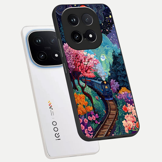 Celestial Train Journey phone case for iQOO 15 showing premium glass back cover with detailed artwork