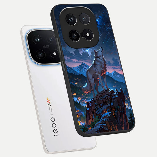 Celestial Wolf Howl phone case for iQOO 15 showing premium glass back cover with detailed artwork