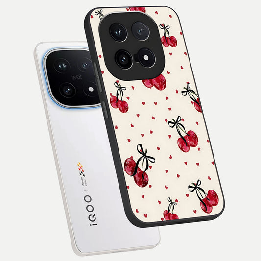 Cherry Heart Bow phone case for iQOO 15 showing premium glass back cover with detailed artwork