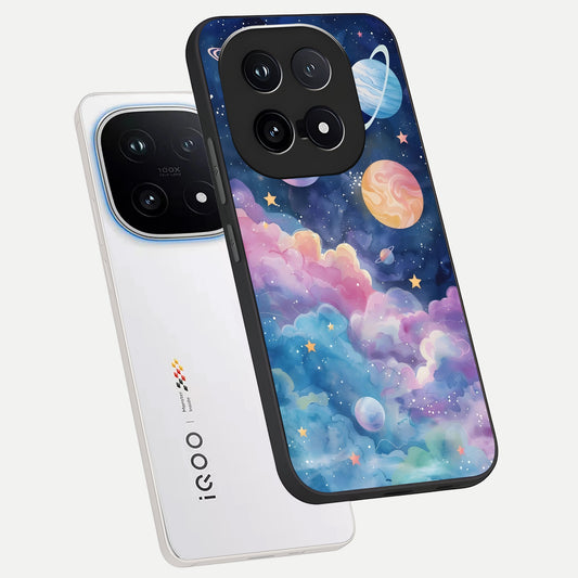 Cosmic Planet Dreams phone case for iQOO 15 showing premium glass back cover with detailed artwork