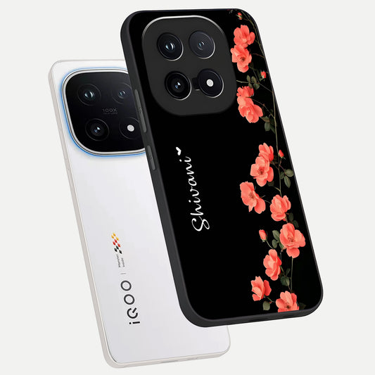 Crimson Bloom Grace Custom Name phone case for iQOO 15 showing premium glass back cover with detailed artwork
