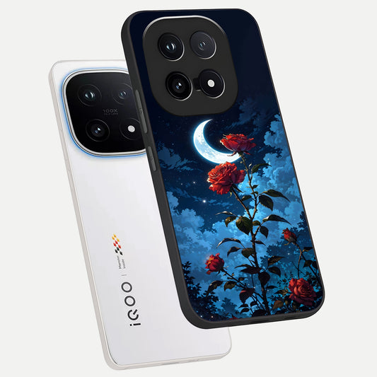 Crimson Rose Moon phone case for iQOO 15 showing premium glass back cover with detailed artwork