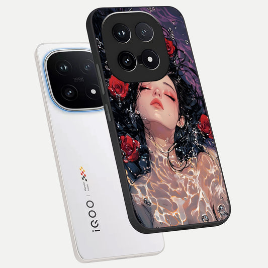 Crimson Rose Serenity phone case for iQOO 15 showing premium glass back cover with detailed artwork