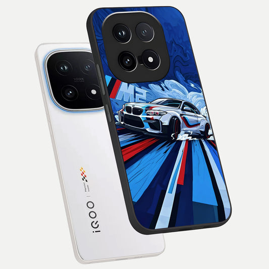 Drift Power Rush phone case for iQOO 15 showing premium glass back cover with detailed artwork