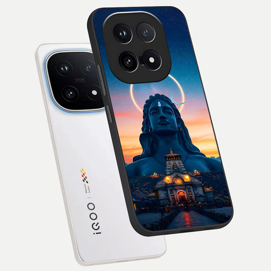 Eternal Shiva Aura phone case for iQOO 15 showing premium glass back cover with detailed artwork
