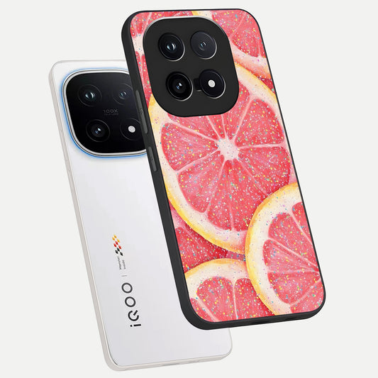 Glitter Grapefruit phone case for iQOO 15 showing premium glass back cover with detailed artwork