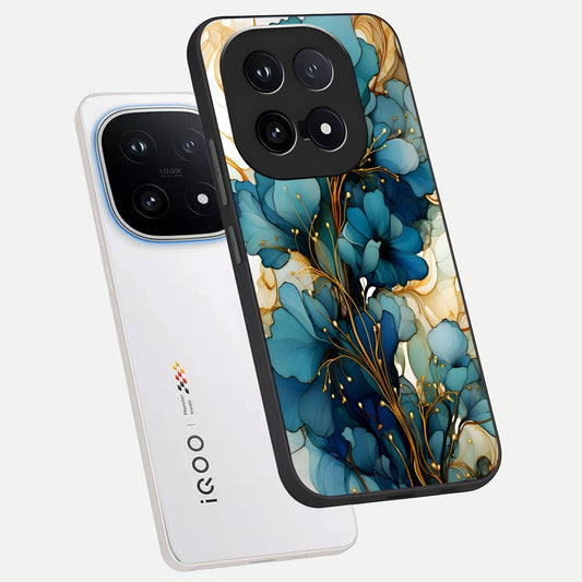 Golden Bloom Symphony phone case for iQOO 15 showing premium glass back cover with detailed artwork