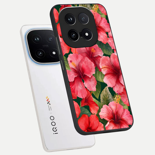 Hibiscus Pattern phone case for iQOO 15 showing premium glass back cover with detailed artwork