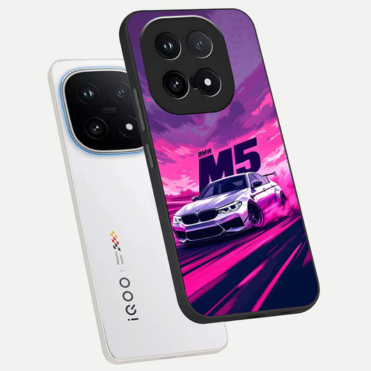 MS Neon Car phone case for iQOO 15 showing premium glass back cover with detailed artwork