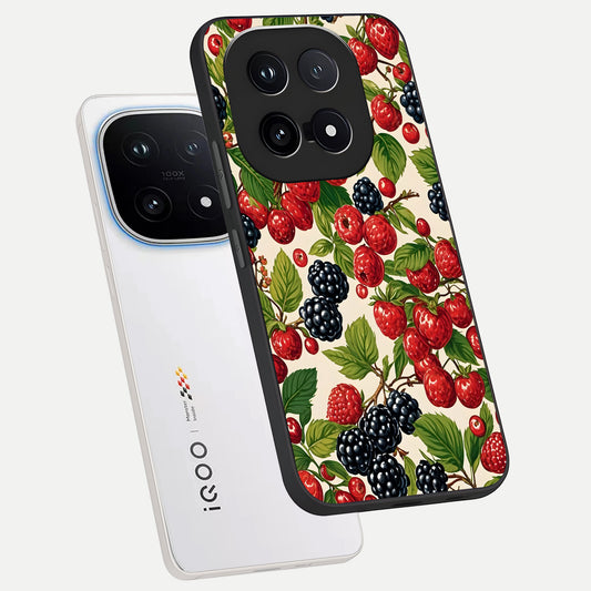 Mixed Berry Collage phone case for iQOO 15 showing premium glass back cover with detailed artwork