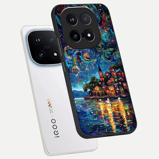 Moonlight Harbor Glow phone case for iQOO 15 showing premium glass back cover with detailed artwork