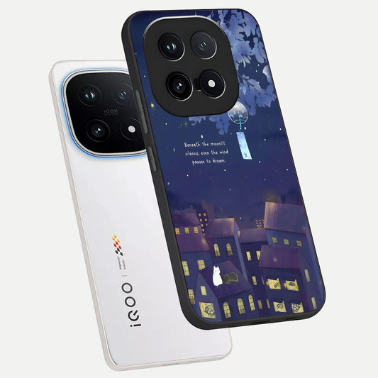 Moonlit Cat Silence phone case for iQOO 15 showing premium glass back cover with detailed artwork