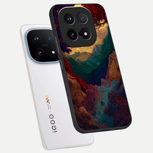 Mystic Valley Light phone case for iQOO 15 showing premium glass back cover with detailed artwork