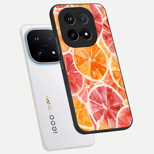 Orange Fruits Pattern phone case for iQOO 15 showing premium glass back cover with detailed artwork