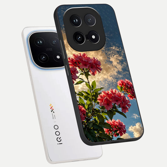 Red Bloom Skies phone case for iQOO 15 showing premium glass back cover with detailed artwork