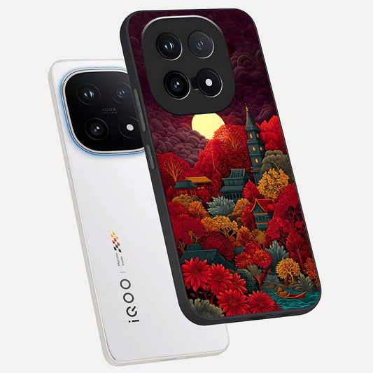 Scarlet Autumn Temple phone case for iQOO 15 showing premium glass back cover with detailed artwork
