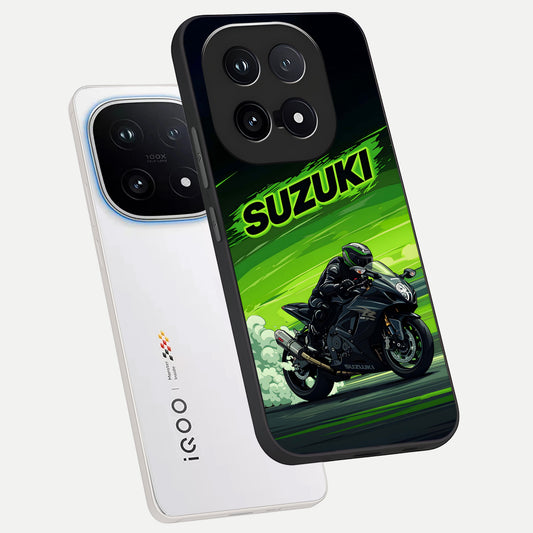 Suzuki Speed Beast phone case for iQOO 15 showing premium glass back cover with detailed artwork