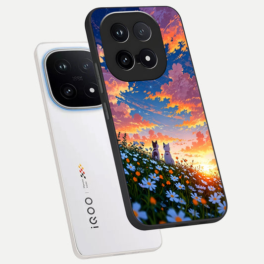 Two Cats Friends phone case for iQOO 15 showing premium glass back cover with detailed artwork