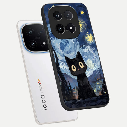 Van Gogh Cat phone case for iQOO 15 showing premium glass back cover with detailed artwork