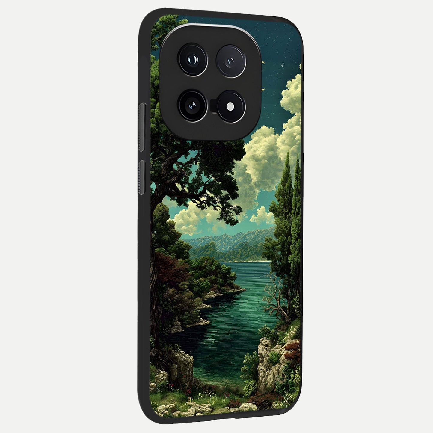 Celestial Lake Peace back cover for iQOO 15 slim fit glass case with vibrant aesthetic design