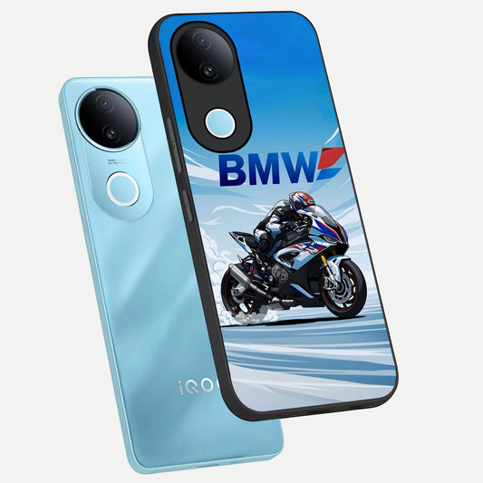BMW Power Drift phone case for iQOO Z10R showing premium glass back cover with detailed artwork