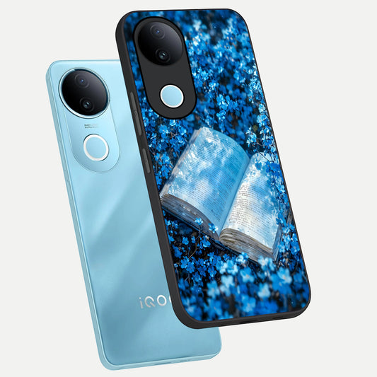 Blue Bloom Tales phone case for iQOO Z10R showing premium glass back cover with detailed artwork