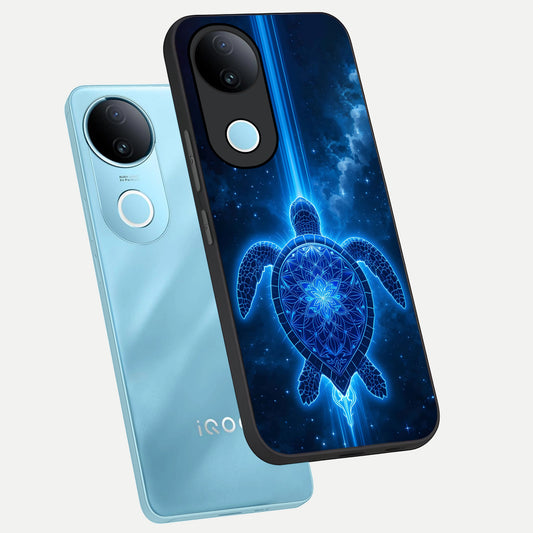 Blue Galaxy Turtle phone case for iQOO Z10R showing premium glass back cover with detailed artwork
