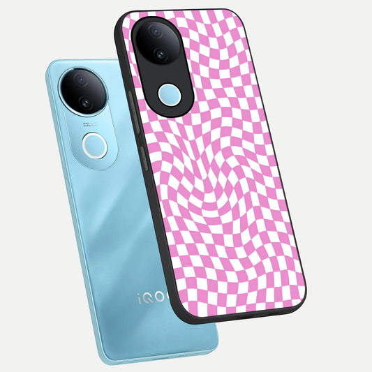 Bubblegum Check Wave phone case for iQOO Z10R showing premium glass back cover with detailed artwork
