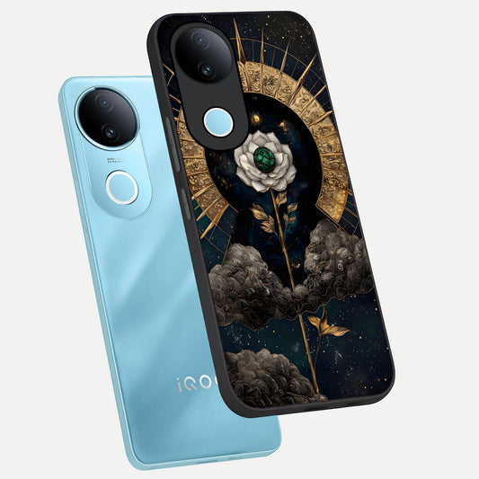 Celestial Lotus Morang phone case for iQOO Z10R showing premium glass back cover with detailed artwork