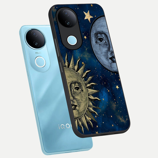 Celestial Moon With Sun phone case for iQOO Z10R showing premium glass back cover with detailed artwork