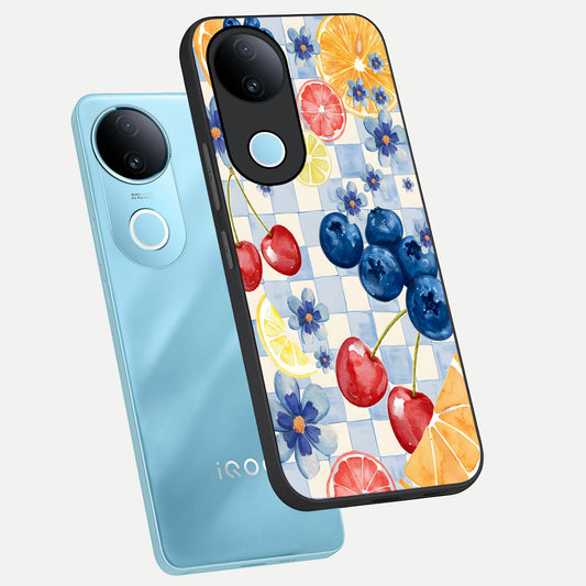 Citrus Bloom Joy phone case for iQOO Z10R showing premium glass back cover with detailed artwork