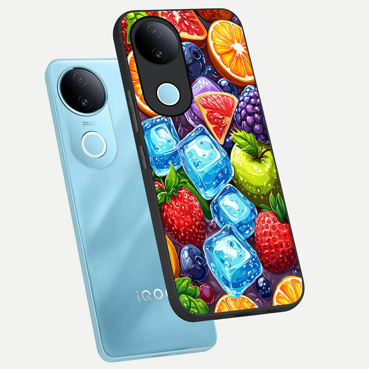 Colorful Fruits with Ice phone case for iQOO Z10R showing premium glass back cover with detailed artwork