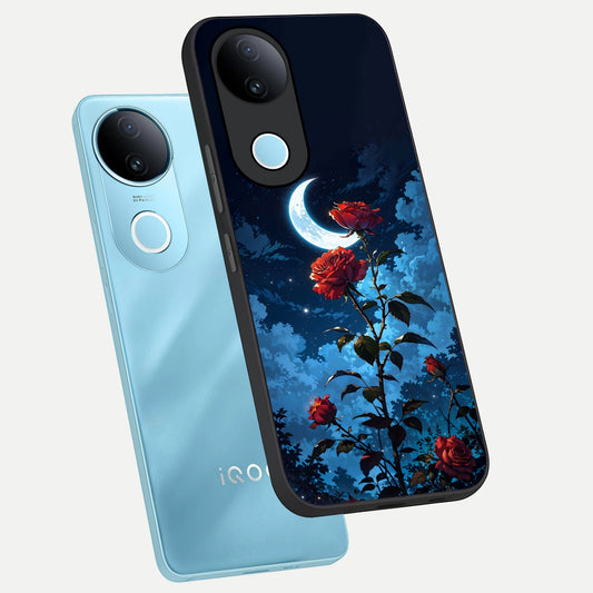 Crimson Rose Moon phone case for iQOO Z10R showing premium glass back cover with detailed artwork