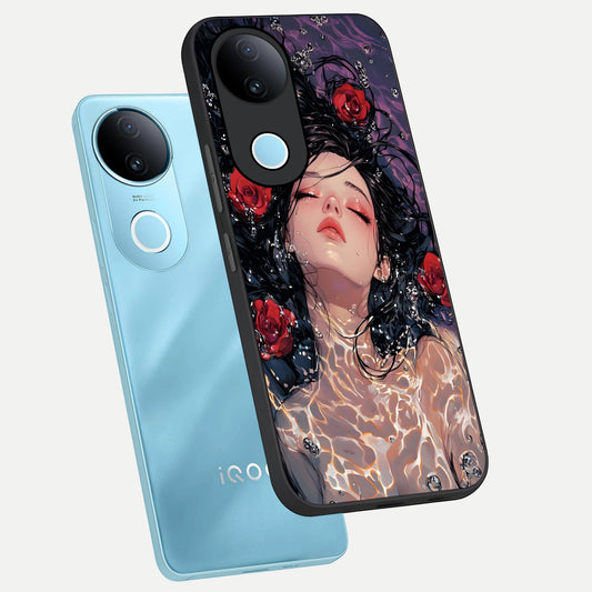 Crimson Rose Serenity phone case for iQOO Z10R showing premium glass back cover with detailed artwork