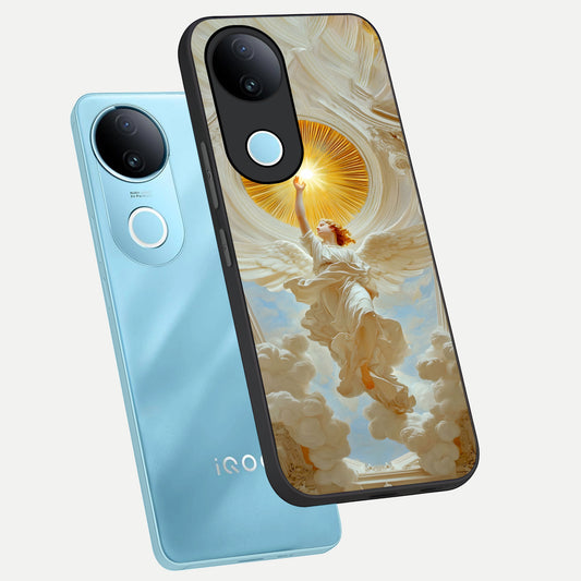 Divine Light Angel phone case for iQOO Z10R showing premium glass back cover with detailed artwork