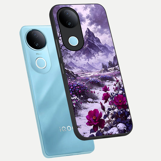 Flower Mountain View phone case for iQOO Z10R showing premium glass back cover with detailed artwork