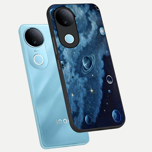 Galaxy Dream Space phone case for iQOO Z10R showing premium glass back cover with detailed artwork