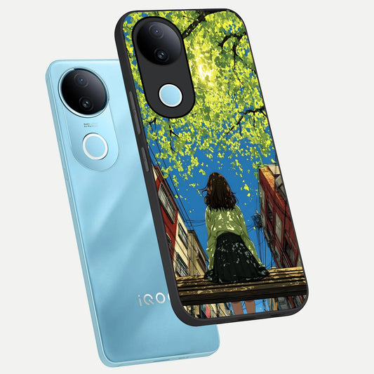 Golden Leaves Glow phone case for iQOO Z10R showing premium glass back cover with detailed artwork