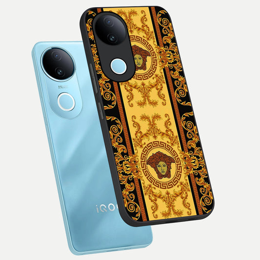 Golden Royal Heritage phone case for iQOO Z10R showing premium glass back cover with detailed artwork